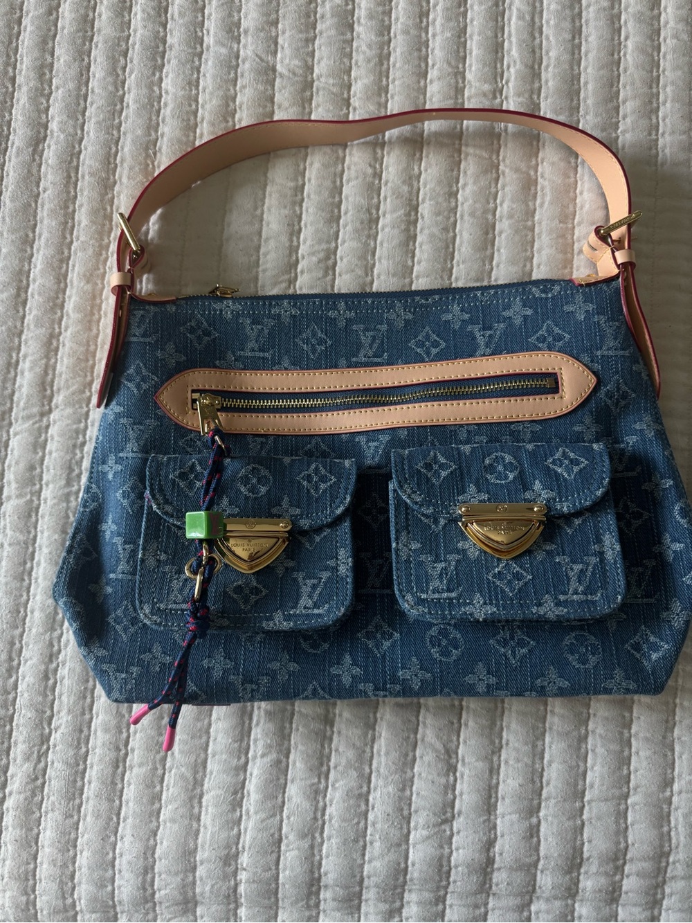 LV Blue Monogram Denim Shoulder Bag “BAGGY” with Natural Leather Trim